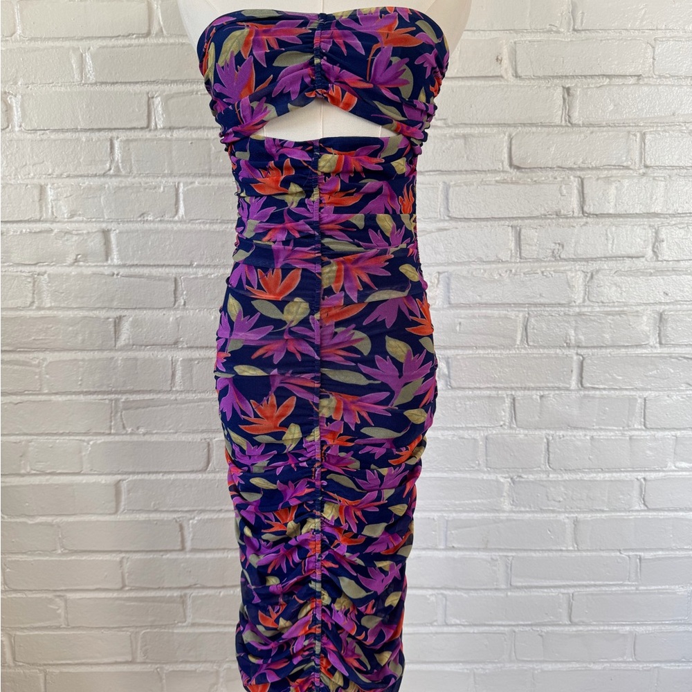 Ramy Brook Savvy Dress XS Abbey PM Strapless Ruched Cutout Midi NWT